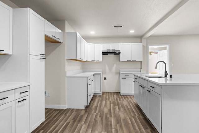 622 W Hillmont Rd, Odessa, TX 79764 - kitchen featuring wood finished floors, recessed lighting, white cabinets, light countertops, and under cabinet range hood