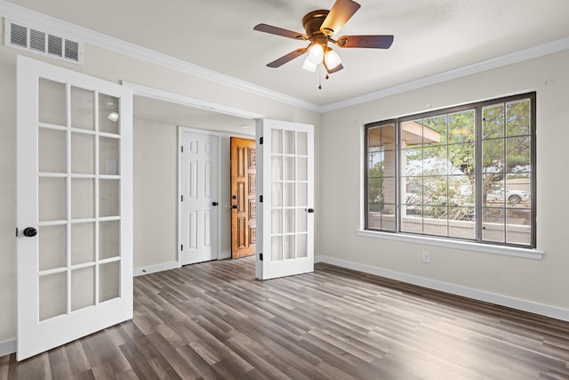 622 W Hillmont Rd, Odessa, TX 79764 - empty room with french doors, dark wood-type flooring, crown molding, and ceiling fan