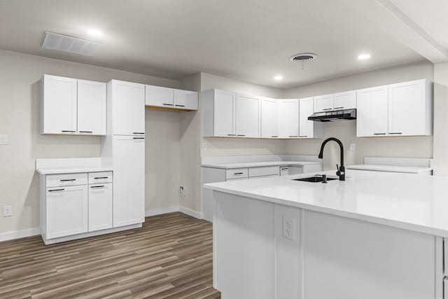 622 W Hillmont Rd, Odessa, TX 79764 - kitchen featuring under cabinet range hood, wood finished floors, white cabinetry, recessed lighting, and light countertops