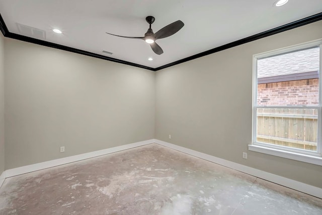 8634 Luz Dr, Odessa, TX 79765 - empty room featuring unfinished concrete floors, crown molding, a ceiling fan, baseboards, and recessed lighting