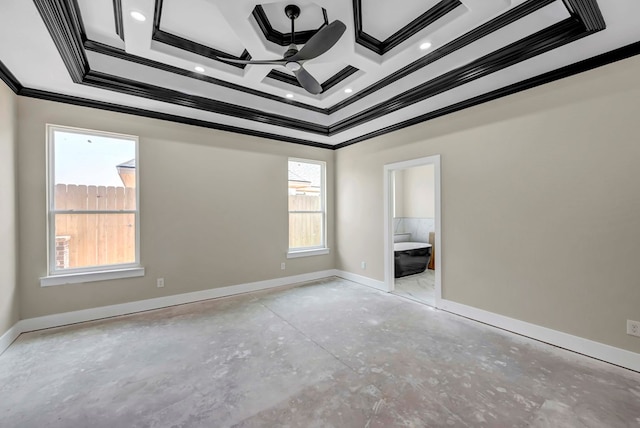 8634 Luz Dr, Odessa, TX 79765 - unfurnished room with ornamental molding, ceiling fan, coffered ceiling, baseboards, and concrete floors