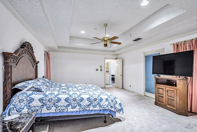 6415 San Mateo Ln, Odessa, TX 79762 - bedroom featuring a tray ceiling, carpet, recessed lighting, a textured ceiling, and crown molding
