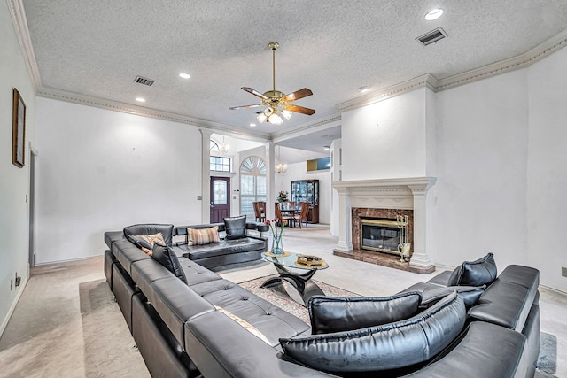 6415 San Mateo Ln, Odessa, TX 79762 - living area with a textured ceiling, ornamental molding, ceiling fan, light colored carpet, and recessed lighting