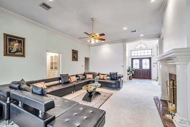 6415 San Mateo Ln, Odessa, TX 79762 - living area with crown molding, a textured ceiling, ceiling fan, and recessed lighting