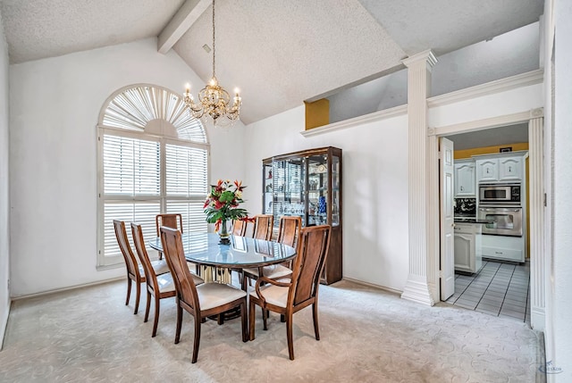 6415 San Mateo Ln, Odessa, TX 79762 - dining area featuring light carpet, a chandelier, a textured ceiling, and decorative columns