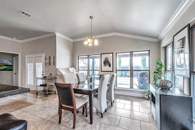 811 E 97th Ct, Odessa, TX 79765 - dining room featuring a chandelier, vaulted ceiling, and ornamental molding