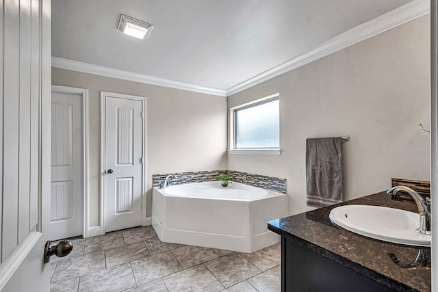 811 E 97th Ct, Odessa, TX 79765 - bathroom with crown molding, a bath, and vanity