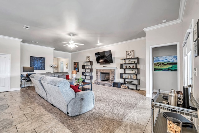 811 E 97th Ct, Odessa, TX 79765 - living area featuring ornamental molding, ceiling fan, a fireplace, and baseboards
