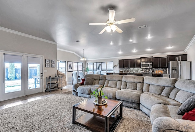 811 E 97th Ct, Odessa, TX 79765 - living area featuring a ceiling fan, crown molding, light tile patterned flooring, and recessed lighting