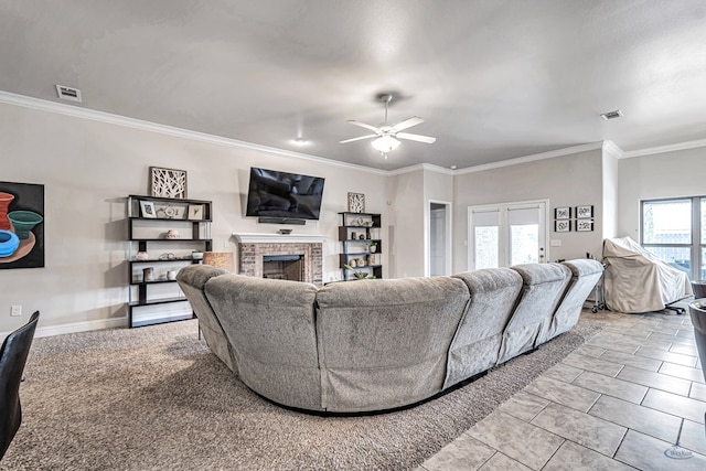 811 E 97th Ct, Odessa, TX 79765 - living area featuring a brick fireplace, ceiling fan, ornamental molding, and baseboards