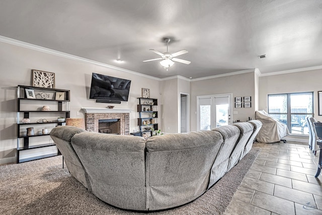 811 E 97th Ct, Odessa, TX 79765 - living area featuring a fireplace, ceiling fan, plenty of natural light, and crown molding