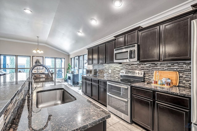 811 E 97th Ct, Odessa, TX 79765 - kitchen with appliances with stainless steel finishes, a sink, ornamental molding, lofted ceiling, and backsplash