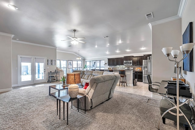 811 E 97th Ct, Odessa, TX 79765 - living room with crown molding, light colored carpet, a ceiling fan, light tile patterned floors, and baseboards