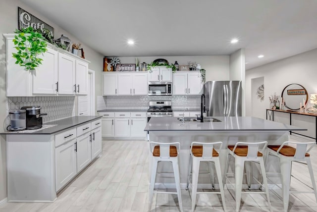 8409 E County Rd 115, Midland, TX 79706 - kitchen featuring appliances with stainless steel finishes, a sink, decorative backsplash, white cabinetry, and recessed lighting