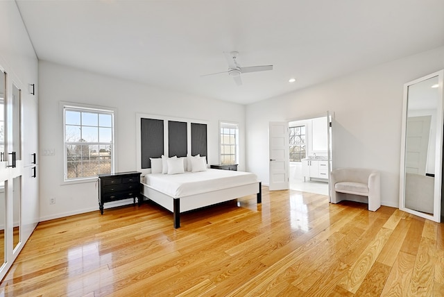 1007 E Texas St, Marfa, TX 79843 - bedroom with light wood finished floors, recessed lighting, baseboards, and a ceiling fan