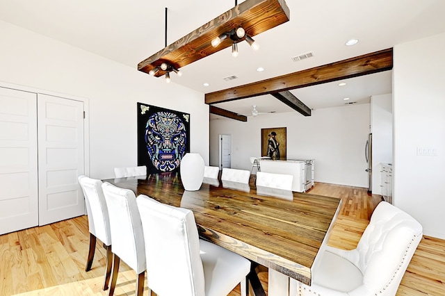 1007 E Texas St, Marfa, TX 79843 - dining space featuring beam ceiling, light wood-style floors, and recessed lighting