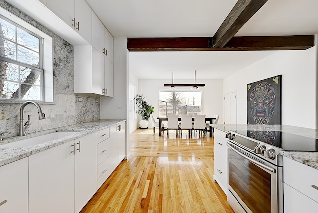 1007 E Texas St, Marfa, TX 79843 - kitchen featuring stainless steel range with electric cooktop, a sink, light wood finished floors, decorative backsplash, and white cabinets