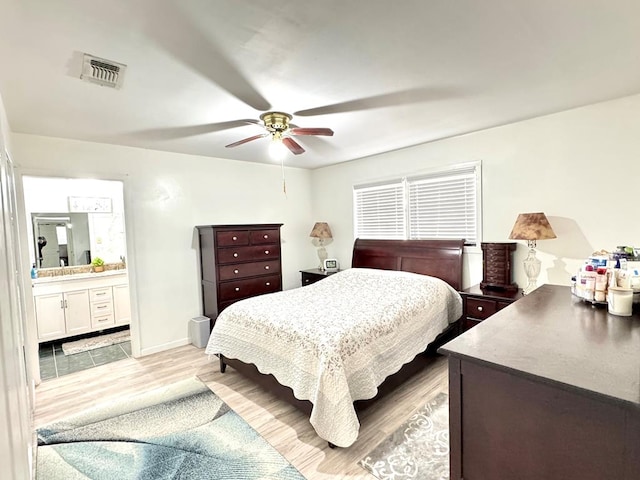 503 E Hendryx Ave, Alpine, TX 79830 - bedroom with light wood finished floors, ensuite bath, and a ceiling fan
