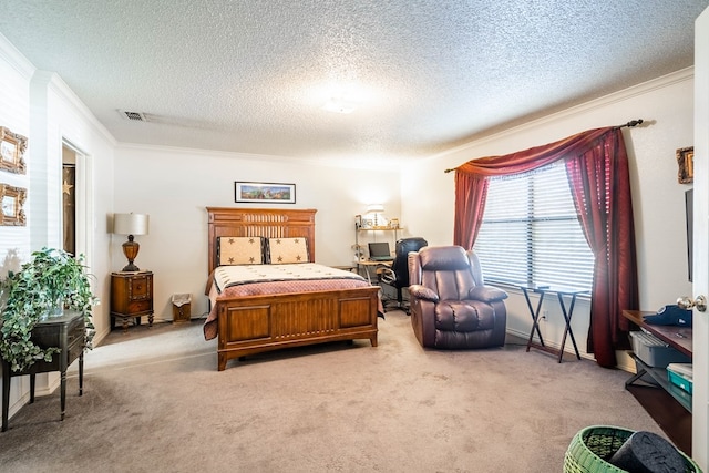 bedroom with a textured ceiling, light colored carpet, and ornamental molding