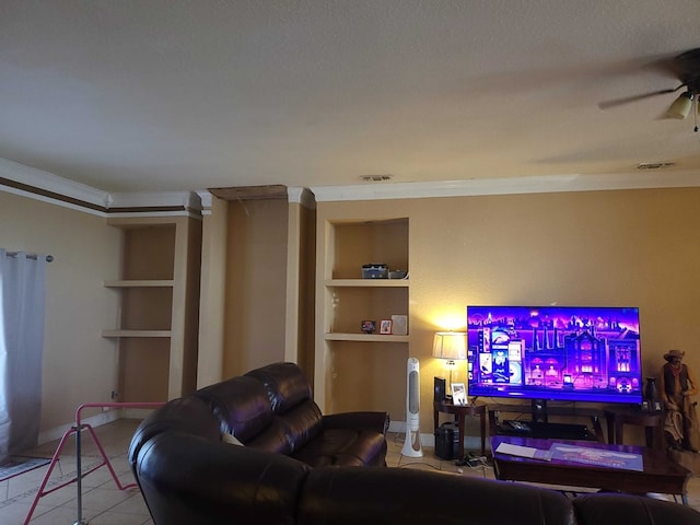living area featuring ceiling fan, built in shelves, baseboards, and ornamental molding