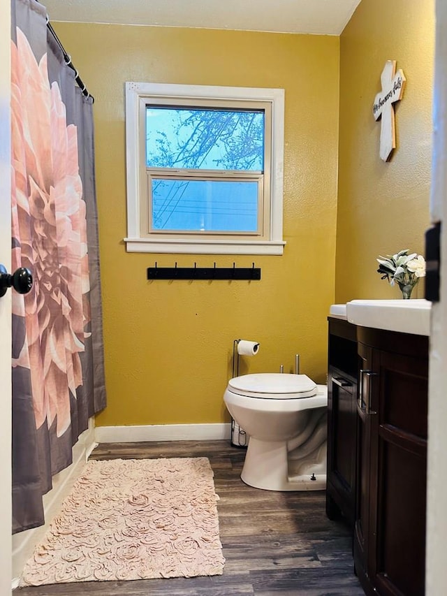 301 SW 11th St, Andrews, TX 79714 - bathroom with wood finished floors, vanity, and curtained shower