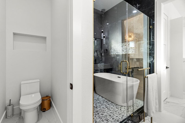 8652 Fiesta Ct, Odessa, TX 79765 - bathroom featuring marble look tiles, a soaking tub, and a stall shower