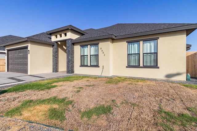 8652 Fiesta Ct, Odessa, TX 79765 - prairie-style home featuring an attached garage, roof with shingles, driveway, and stucco siding