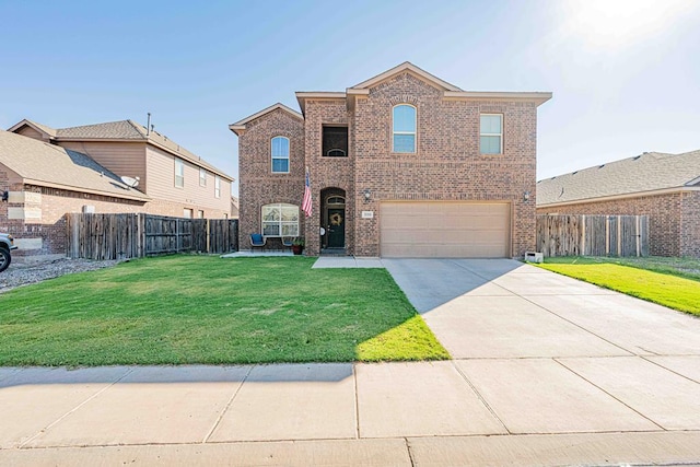 front facade featuring a garage and a front yard