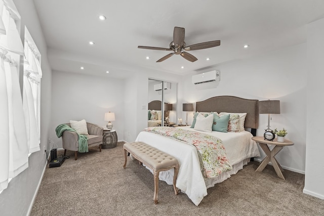bedroom featuring recessed lighting, a wall mounted AC, carpet, a wall mounted air conditioner, and baseboards