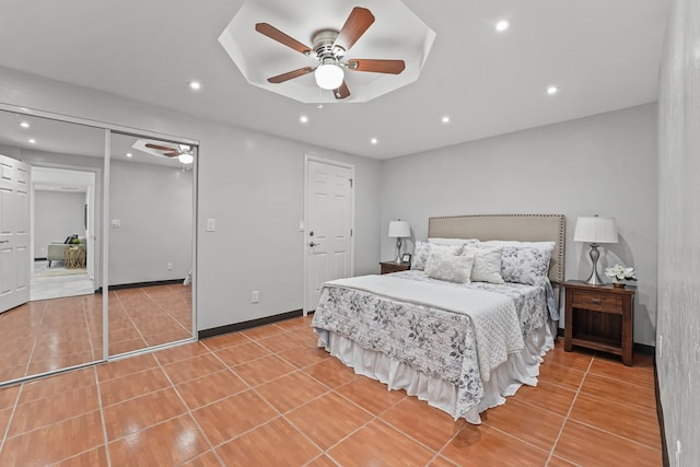 bedroom featuring recessed lighting, a ceiling fan, and light tile patterned floors
