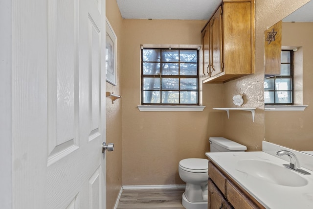 half bath featuring a healthy amount of sunlight, toilet, wood finished floors, and vanity