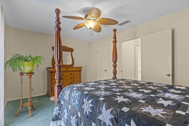 9408 Cromwell Ter, Odessa, TX 79764 - carpeted bedroom with baseboards, visible vents, and ceiling fan