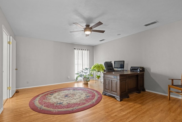 9408 Cromwell Ter, Odessa, TX 79764 - office area with light wood finished floors, visible vents, baseboards, and a ceiling fan