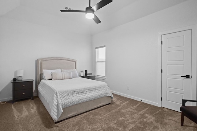 bedroom featuring a ceiling fan, baseboards, visible vents, and carpet
