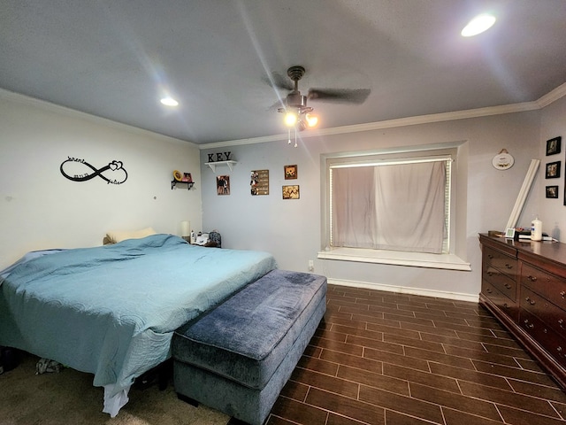 bedroom featuring baseboards, ornamental molding, and recessed lighting