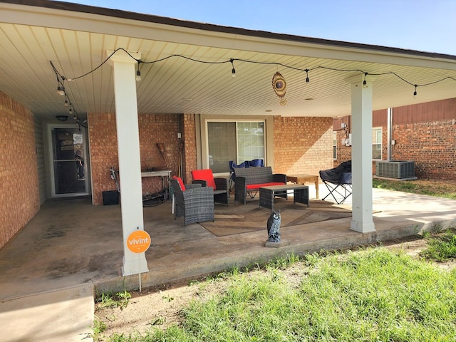 view of patio featuring central air condition unit and an outdoor hangout area