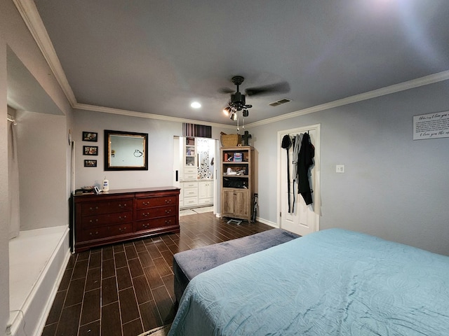bedroom featuring crown molding, wood tiled floor, ceiling fan, and visible vents