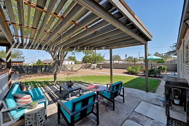 view of patio featuring a pergola and an outdoor hangout area