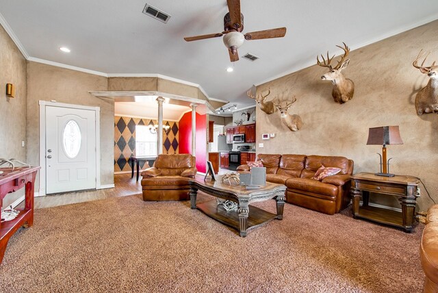 8625 Harvard Ave, Odessa, TX 79765 - living area with a ceiling fan, crown molding, wood finished floors, recessed lighting, and vaulted ceiling
