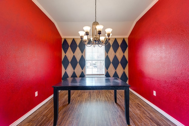 8625 Harvard Ave, Odessa, TX 79765 - dining space with crown molding, wood finished floors, a chandelier, and wallpapered walls