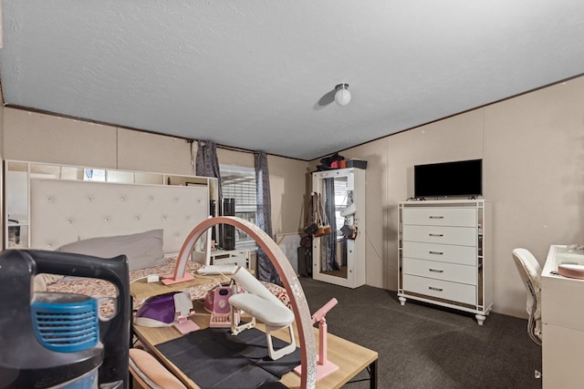 workout room featuring a textured ceiling and dark carpet