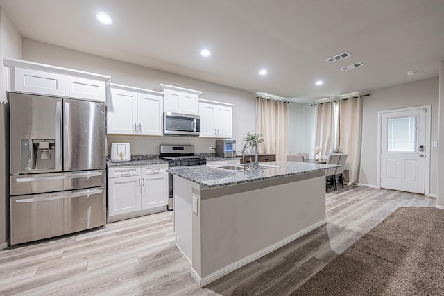 6205 Globe Life Ct, Odessa, TX 79762 - kitchen featuring appliances with stainless steel finishes, light stone counters, white cabinets, a center island with sink, and recessed lighting