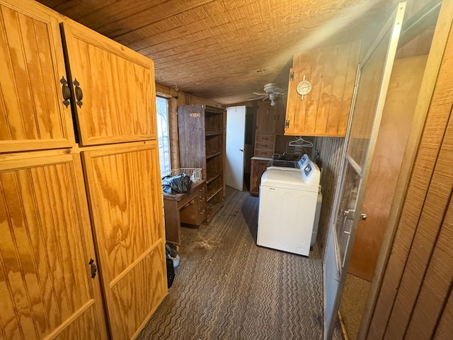 101 Stage Coach Pass, Fort Davis, TX 79734 - laundry area featuring cabinet space, dark carpet, ceiling fan, washer and dryer, and wood ceiling