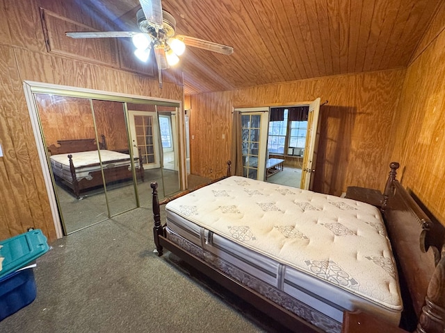 101 Stage Coach Pass, Fort Davis, TX 79734 - carpeted bedroom featuring wooden walls, french doors, wooden ceiling, and ceiling fan