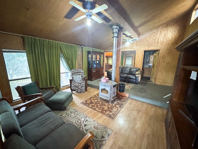 101 Stage Coach Pass, Fort Davis, TX 79734 - living area featuring a ceiling fan, vaulted ceiling, wood-type flooring, wood ceiling, and healthy amount of natural light
