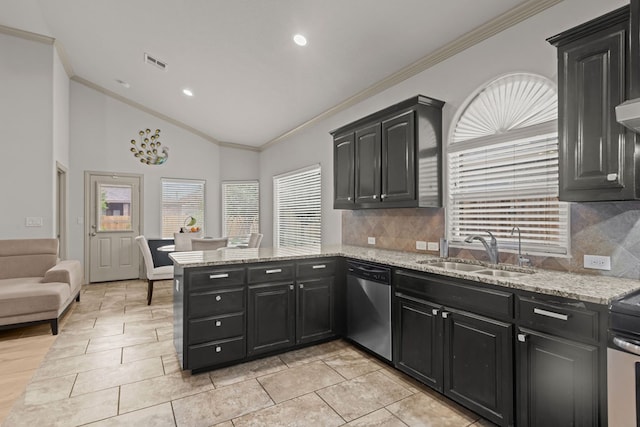 kitchen with a sink, visible vents, dishwasher, dark cabinetry, and ornamental molding