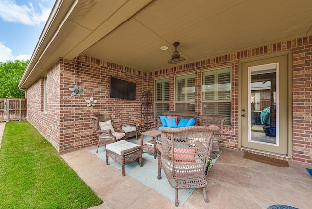 7302 Giotto St, Odessa, TX 79765 - view of patio / terrace with an outdoor hangout area and a ceiling fan