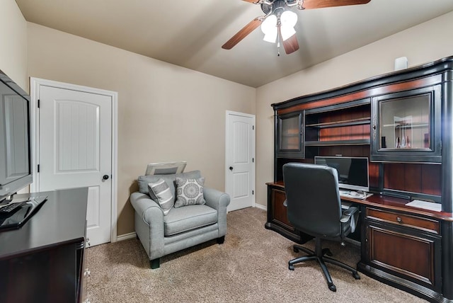 7302 Giotto St, Odessa, TX 79765 - office area featuring light colored carpet, ceiling fan, and baseboards