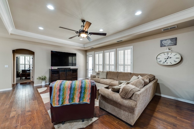 7302 Giotto St, Odessa, TX 79765 - living area with a tray ceiling, crown molding, ceiling fan, hardwood / wood-style floors, and recessed lighting