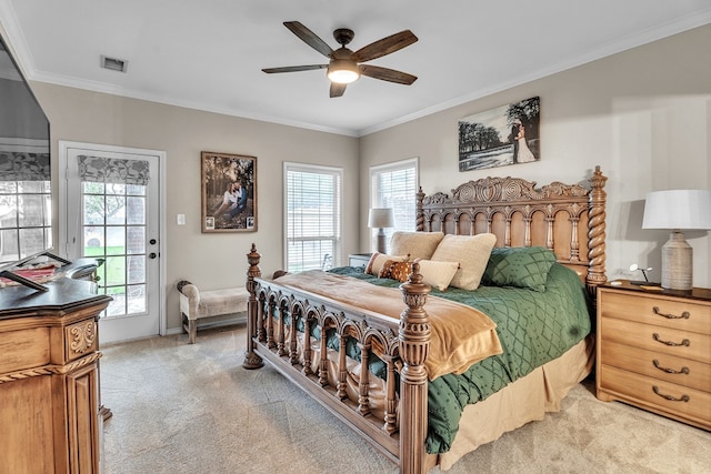 1000 S Nelson Rd, Monahans, TX 79756 - bedroom with light carpet, access to outside, multiple windows, and ornamental molding
